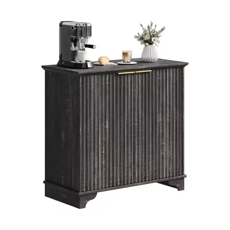 Farmhouse Coffee Bar Cabinet with Fluted Doors and Adjustable Shelves, for Dining Room and Living Room