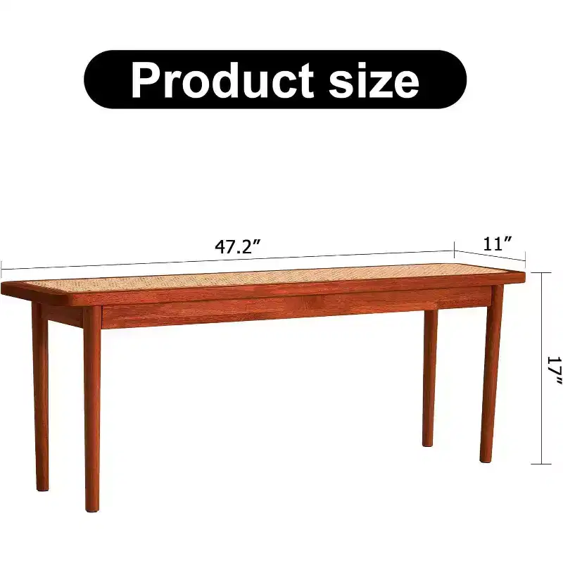 Acekool 47 Pure Wood Entryway Bench with Rattan Surface, Rounded Corners, Sturdy Frame for Living Room, Bedroom, Hallway, Walnut Finish