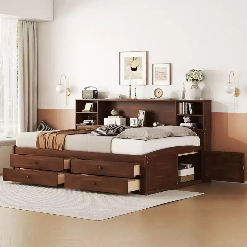 Full Size Wooden Captain Bed with Storage Shelves, 4 Drawers and 2 Cabinets, Antique Brown