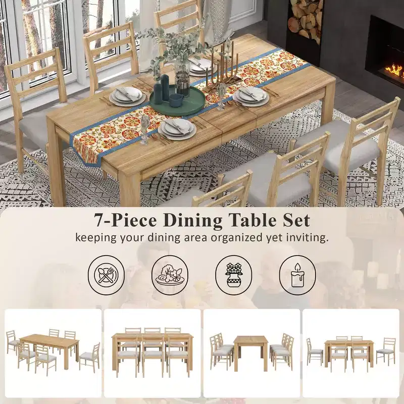 Whisen 7-Piece Wooden Dining Table Set Mutifunctional Extendable Table,12 Leaf and 2 Drawers, 6 Dining Chairs