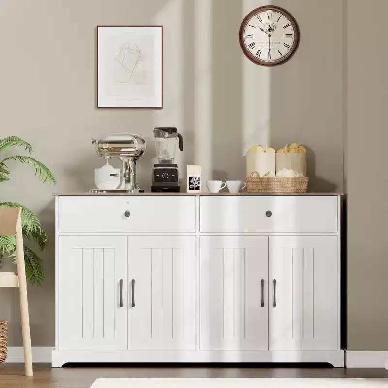 56 Large Sideboard Buffet Cabinet with Storage, Wooden Kitchen Storage Cabinet with Adjustable Shelf White