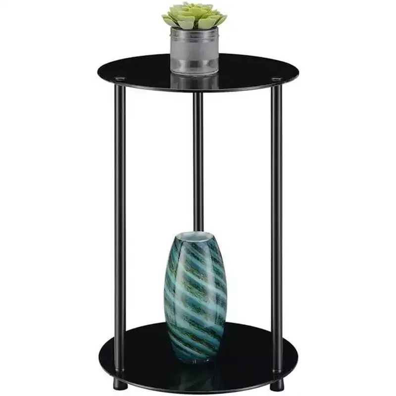 HomeStock Belmont Glass 2 Tier Round End Table, Contemporary Accent Side Table with Tempered Glass Shelves and Stainless Steel Legs