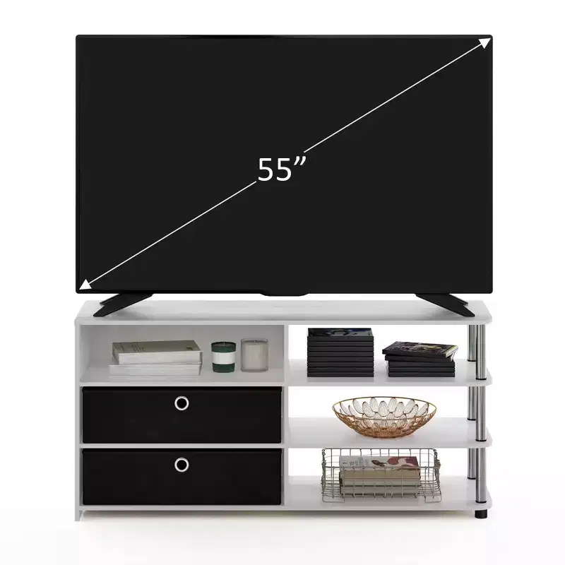 Design TV Stand Entertainment Center Hold up to 50 TV with Storage Shelves & 2 Bins, White Oak