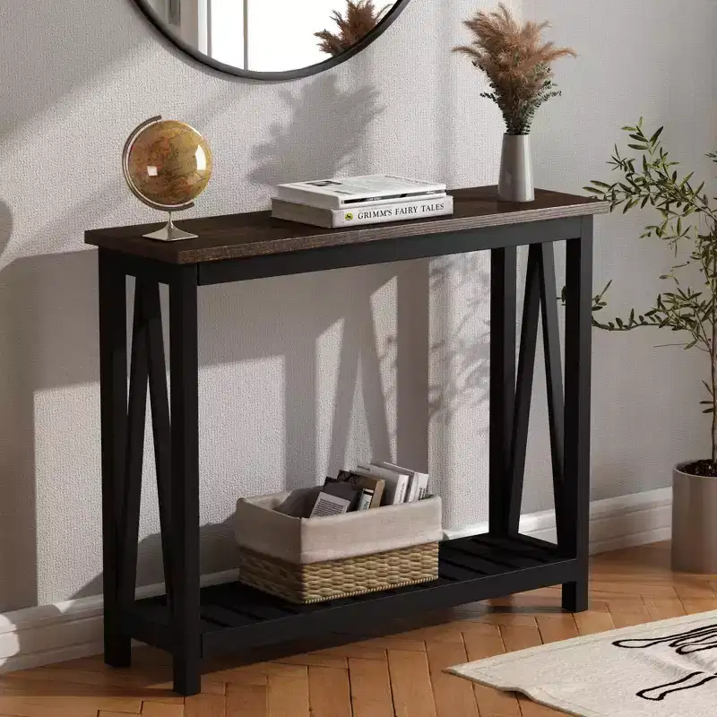 Rustic Console Table with Lower Shelf, Wood-Grain Top & Matte Black Frame, 39