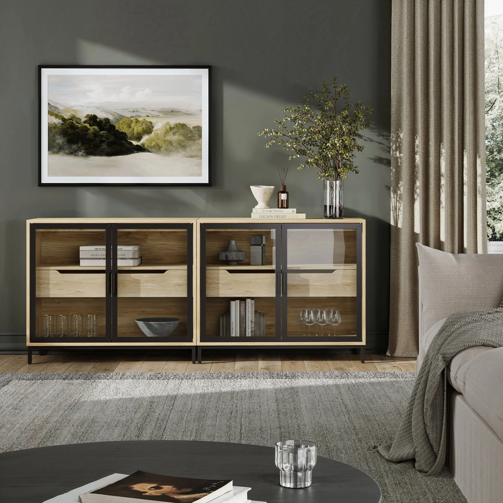 Glass TV Stand Console Cabinet with Doors for TVs up to 65