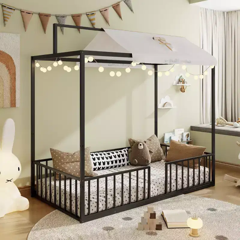 Twin/Full Size 3-in-1 Convertible Montessori Metal Floor Bed, Fenced Toddler Bed, Canopy Platform Bed