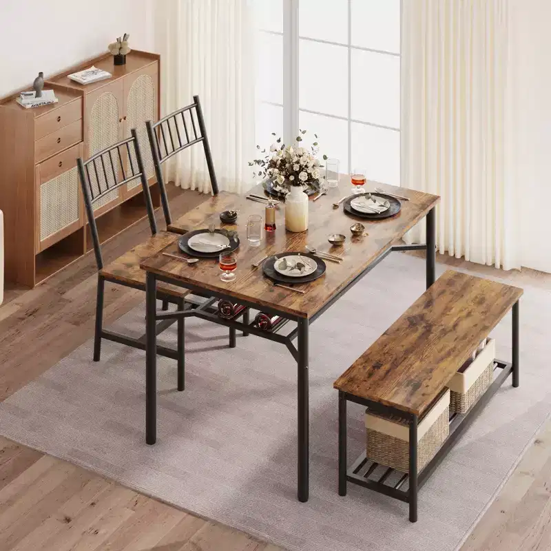 Kitchen Table Chairs Set of 4, Dining Table Set for 4 with Bench and Chairs, 4 Pieces Kitchen Table Set with Storage Rack for Small Space