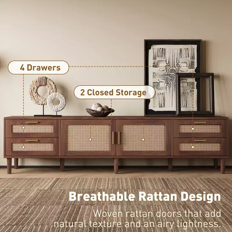 GDFStudio Asaiah Boho 78 TV Stand with Rattan Design, Media Console with 4 Drawers