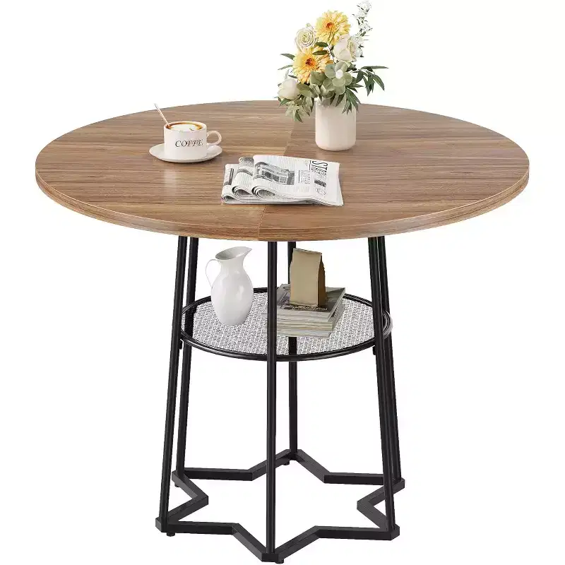 38Farmhouse Kitchen Table with Hexagonal Metal Base &Storage Shelf,Modern Round Dining Table for 4,Small Space Wood Tabletop for Kitchen,Living Room