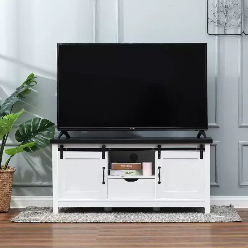 47.3W Farmhouse TV Stands for Living Room with Sliding Barn Door, Media Console with Storage and Drawer White