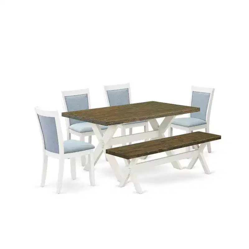 HomeStock 6-Piece Rectangle Wire Brushed Linen White Finish Solid Wood Top Dining Table with 1-Bench, 4-Chairs