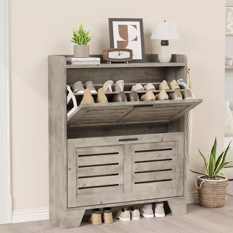 Shoe Cabinet with 4 Flip Drawers,Farmhouse Freestanding Shoe Cabinet with Shelves for Entryway, Living Room, Hallway