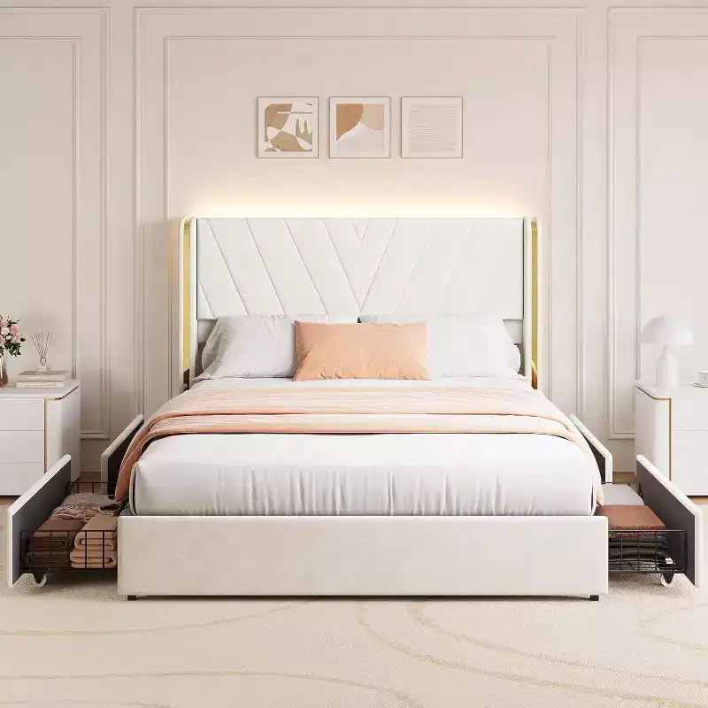 Queen Bed with LED Lights & Storage Drawers