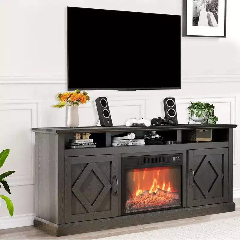 Farmhouse Electric Fireplace TV Stand for TVs up to 65 inch, 23 inch Remote Control Fireplace, Plenty of Storage, Sliding Barn Doors
