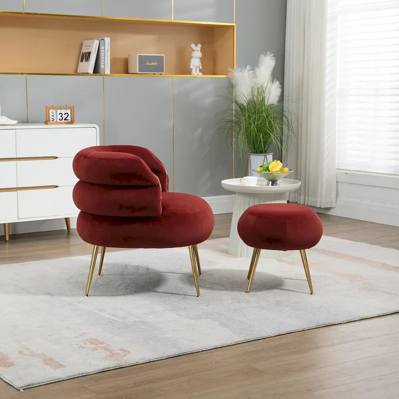 Wine Red Modern 29.1 Barrel Chair with Ottoman
