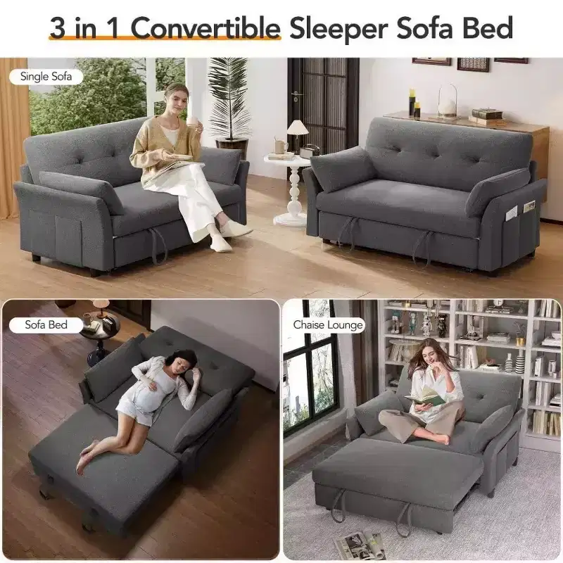 51 Inch 3-in-1 Pull-Out Sleeper Sofa Bed, Convertible Loveseat with Reclining Adjustable Backrest, Chenille Upholstered Couch, Side Pocket