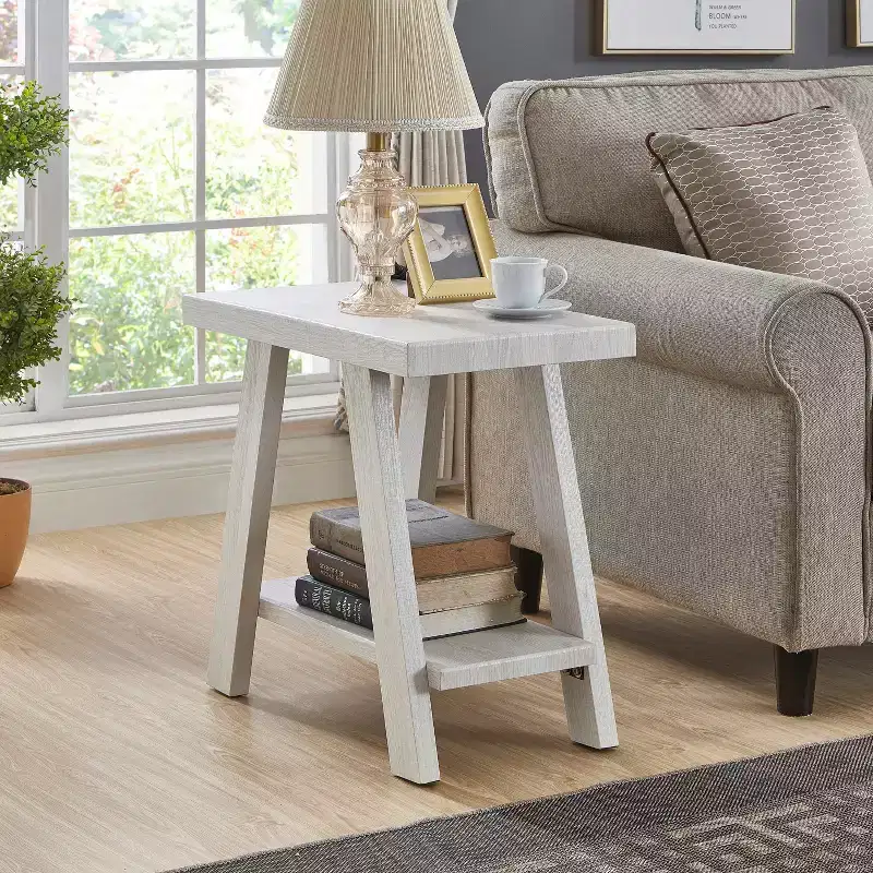 Contemporary Wood Shelf Side Table - White Finish, Wide-Angle Legs, Lower Shelf