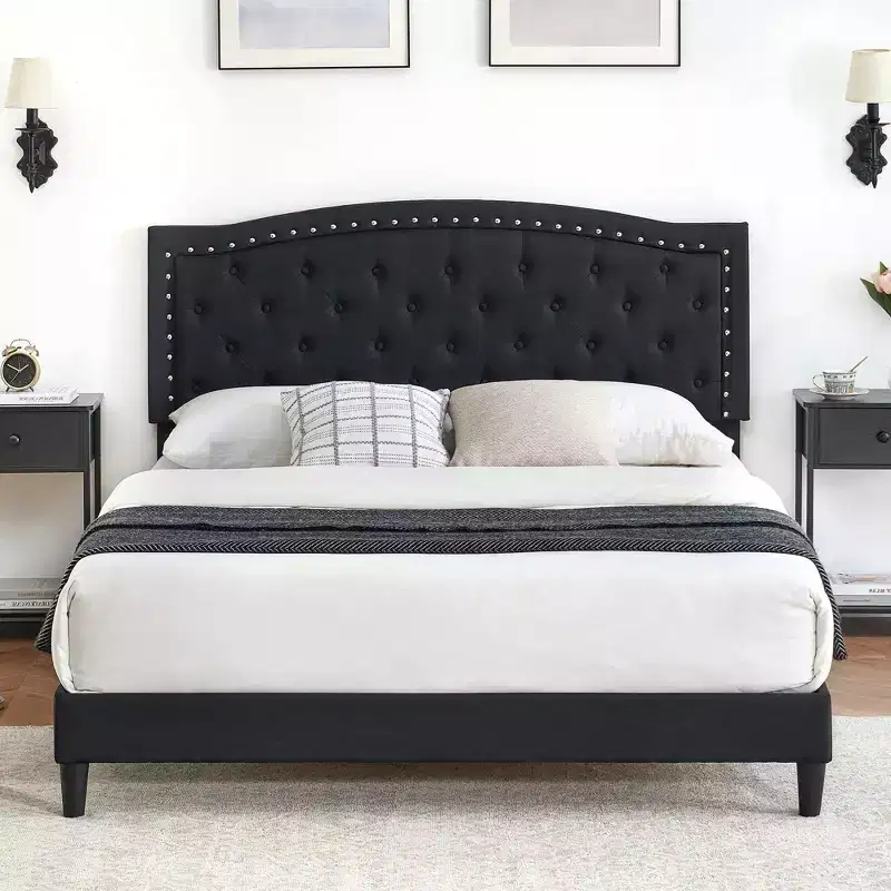 Bed Frame Upholstered Platform Bed with Adjustable Button Tufted & Nailhead Trim Headboard, Wood Slat Support, Noise-Free