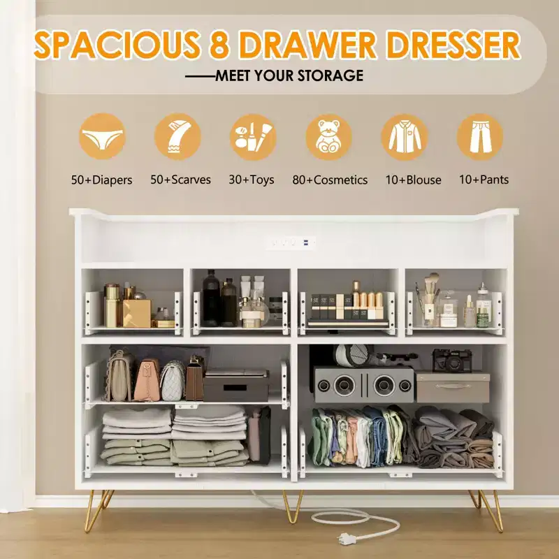 8-Drawer Dresser with Power Outlet, LED Lights & Gold Handles, Modern Wood Chest, White