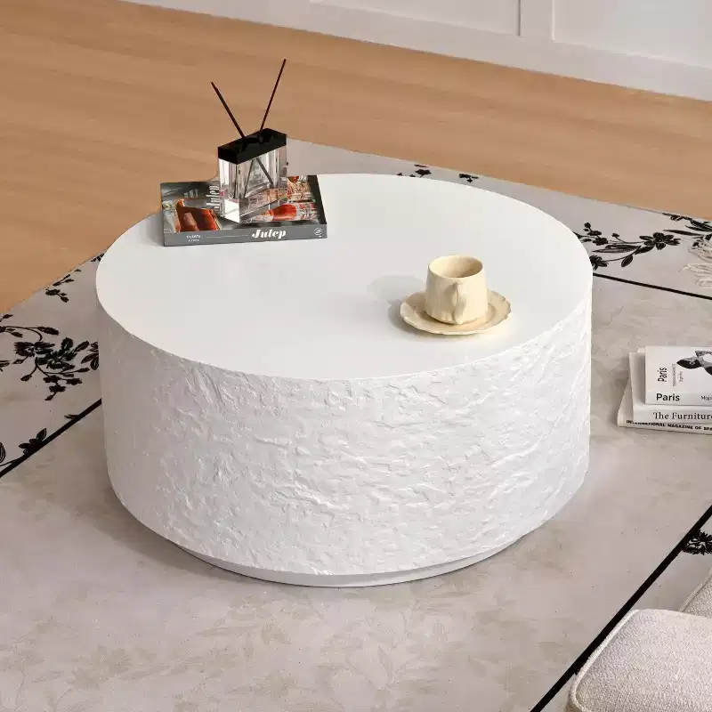 Round Coffee Table Cocktail Table Drum Center Table Sofa Side Table Accent Table with Imitation Stone Design, White, No Assembly Needed - ModernLuxe