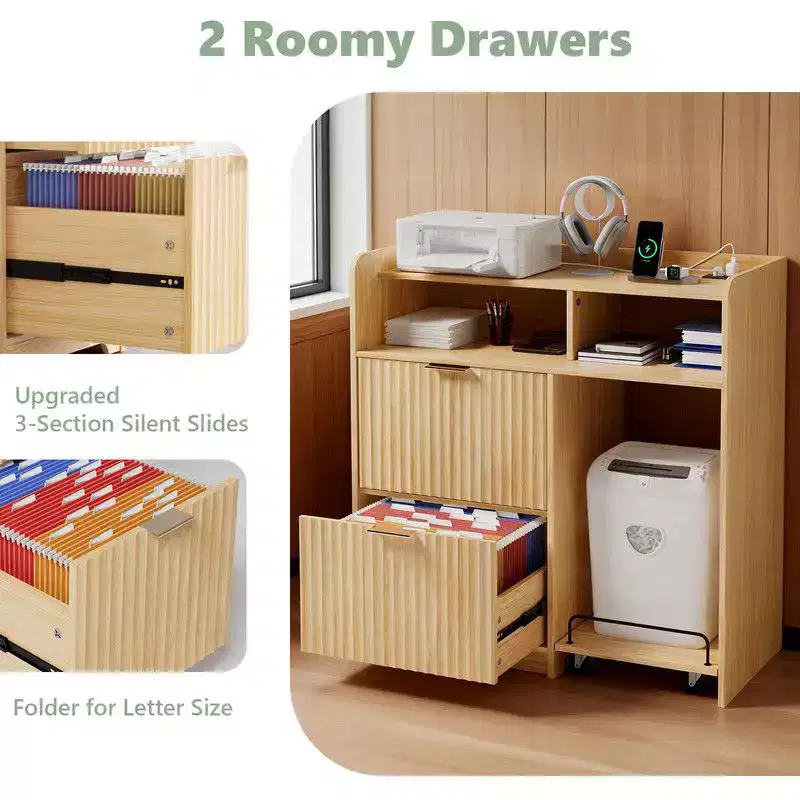 2 Drawer Wooden File Cabinet with Mobile Side Cart Wood Grain Finish Fluted Design