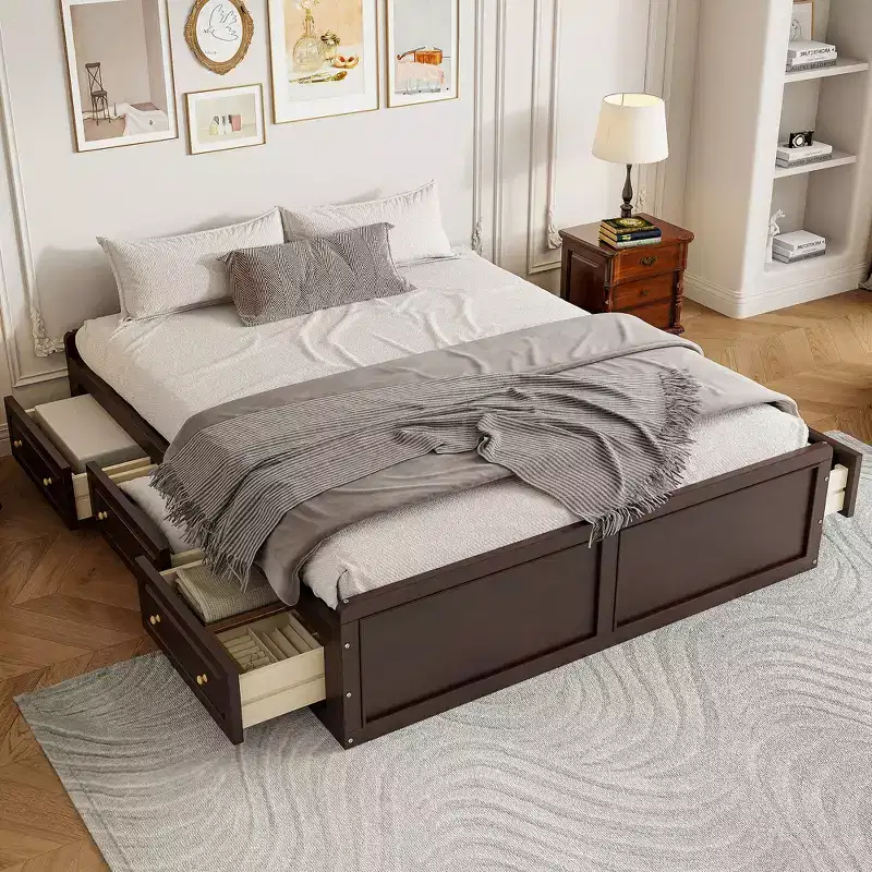 Queen Size Wood Platform Bed Frame with 6 Storage Drawers