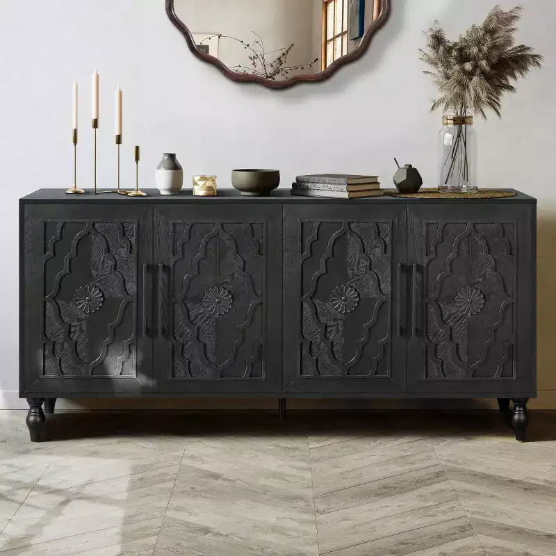 Sideboard Buffet, Wood Floor Cabinet With Carved Flower Door, Metal Handle, Freestanding Sideboard