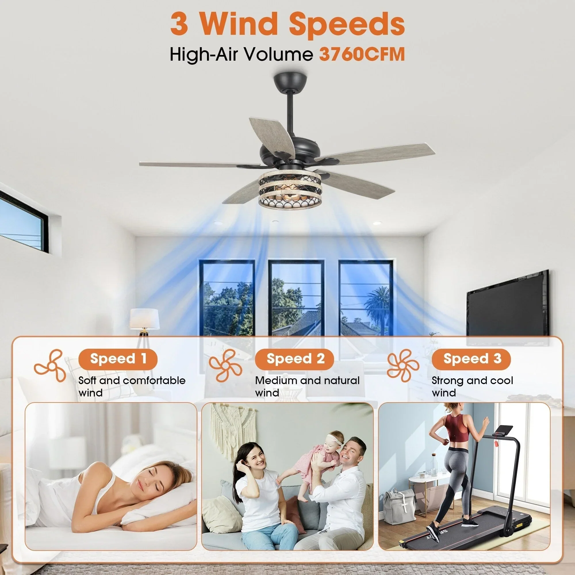 52 Farmhouse Driftwood 5-Blade Black Caged Ceiling Fan with Remote