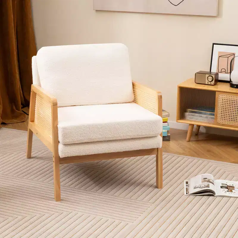 Costway Mid Century Modern Accent Chair Living Room Armchair with Rattan Arms Wooden Frame Brown/Natural