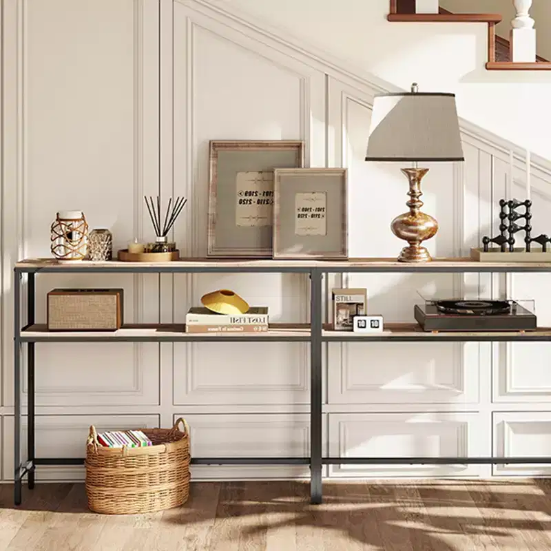 LEDREM Heather Greige and Ink Black Console Table. A 2 - Tier, 7.9 x 39.4 x 31.5 - Inch Narrow Entryway Table with 2 Shelves. Sofa Table