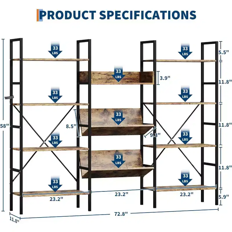 Triple-Column Adjustable Bookcase  11 Shelves, 33LB/Shelf, Steel Frame & MDF Panels (Black) for Living Room, Office, Bedroom