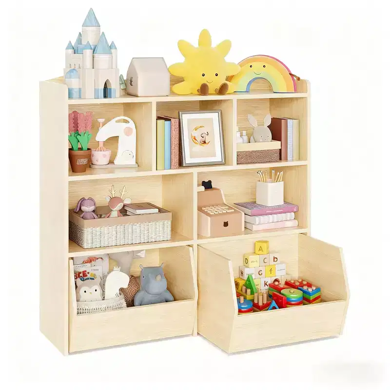 GustoWave Toy Storage Cabinet with Movable Drawers, Kids Bookshelf with Hidden Wheels, Multifunctional Storage Organizer for Playroom