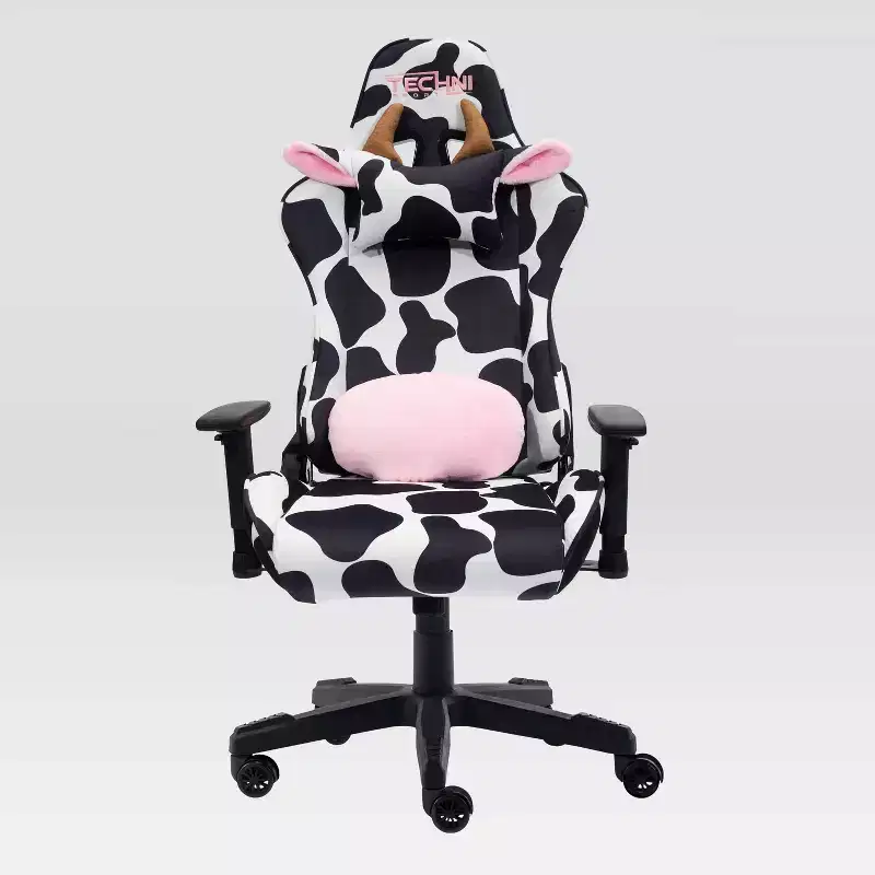 Cow Print Velvet Gaming Chair with Memory Foam and Adjustable Features
