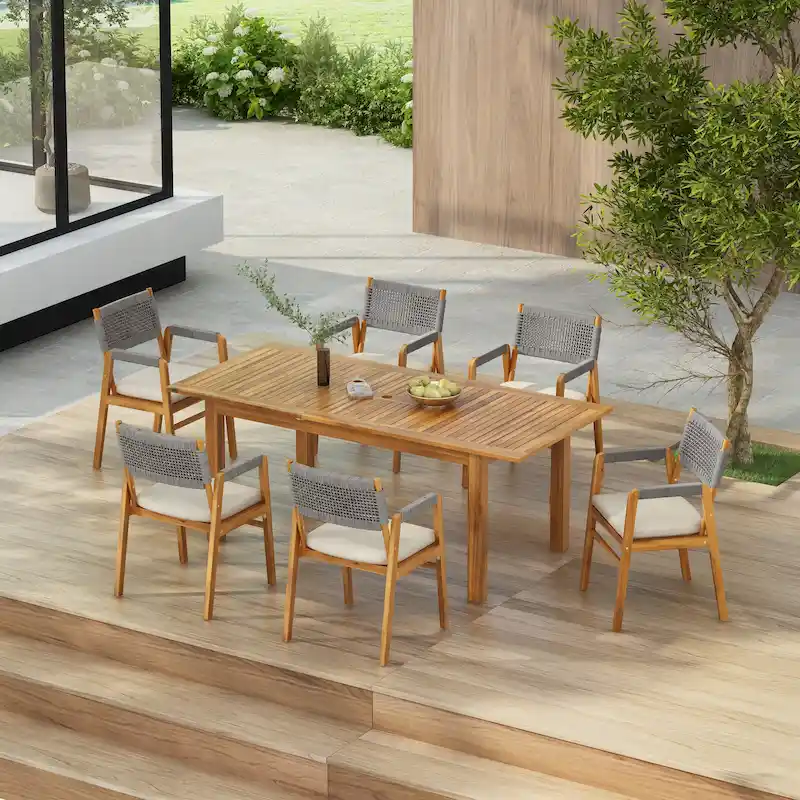 Christopher Knight Home- Ethan Outdoor 7-piece Expandable Acacia Wood Dining Set with Rope-Woven Armchairs