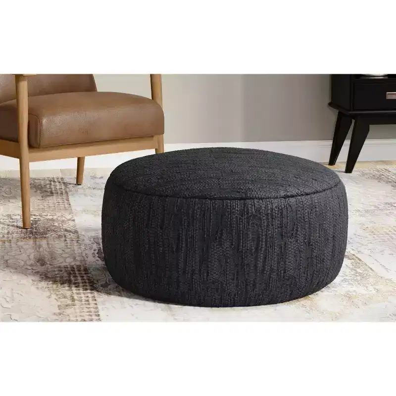 Garcia 30 inch Wide Boho Pouf in Genuine Woven Leather, Assembled