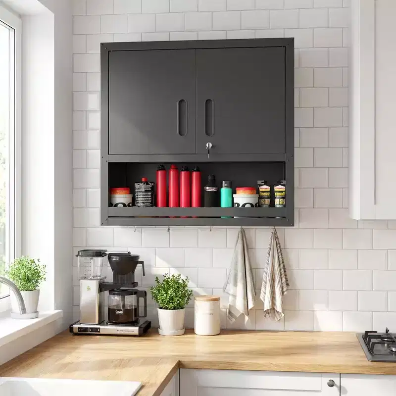 VIYET 30H Wall-Mounted Steel Cabinet - Locking Doors + Open Drawer + Adjustable Shelf, Cold-Rolled Steel, Garage/Office/Warehouse/Home/School