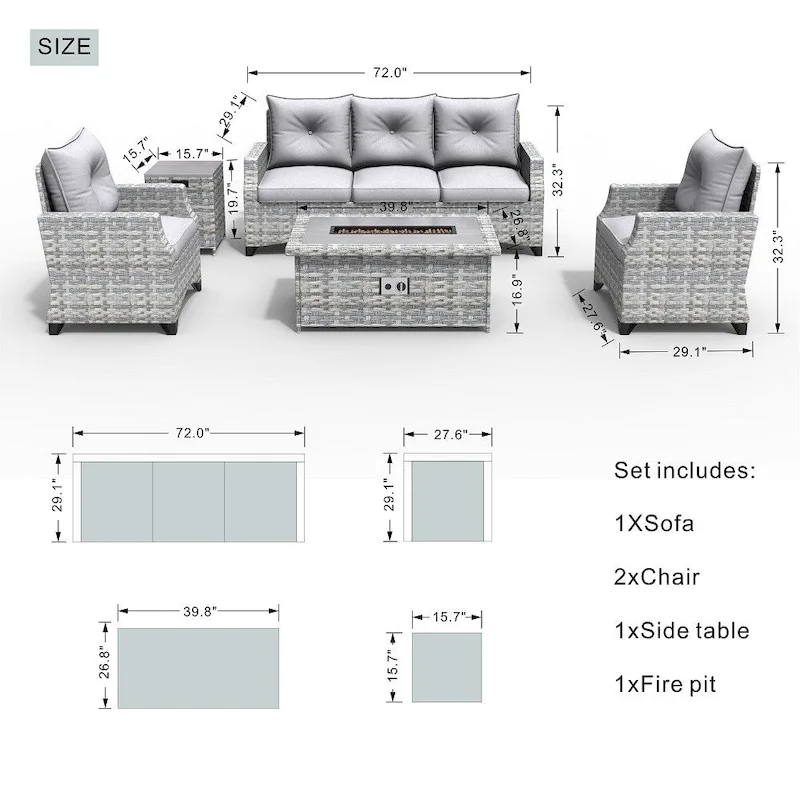 Abrihome 5-piece Wicker Patio Garden Furniture Sofa Set with Gas Fire Pit