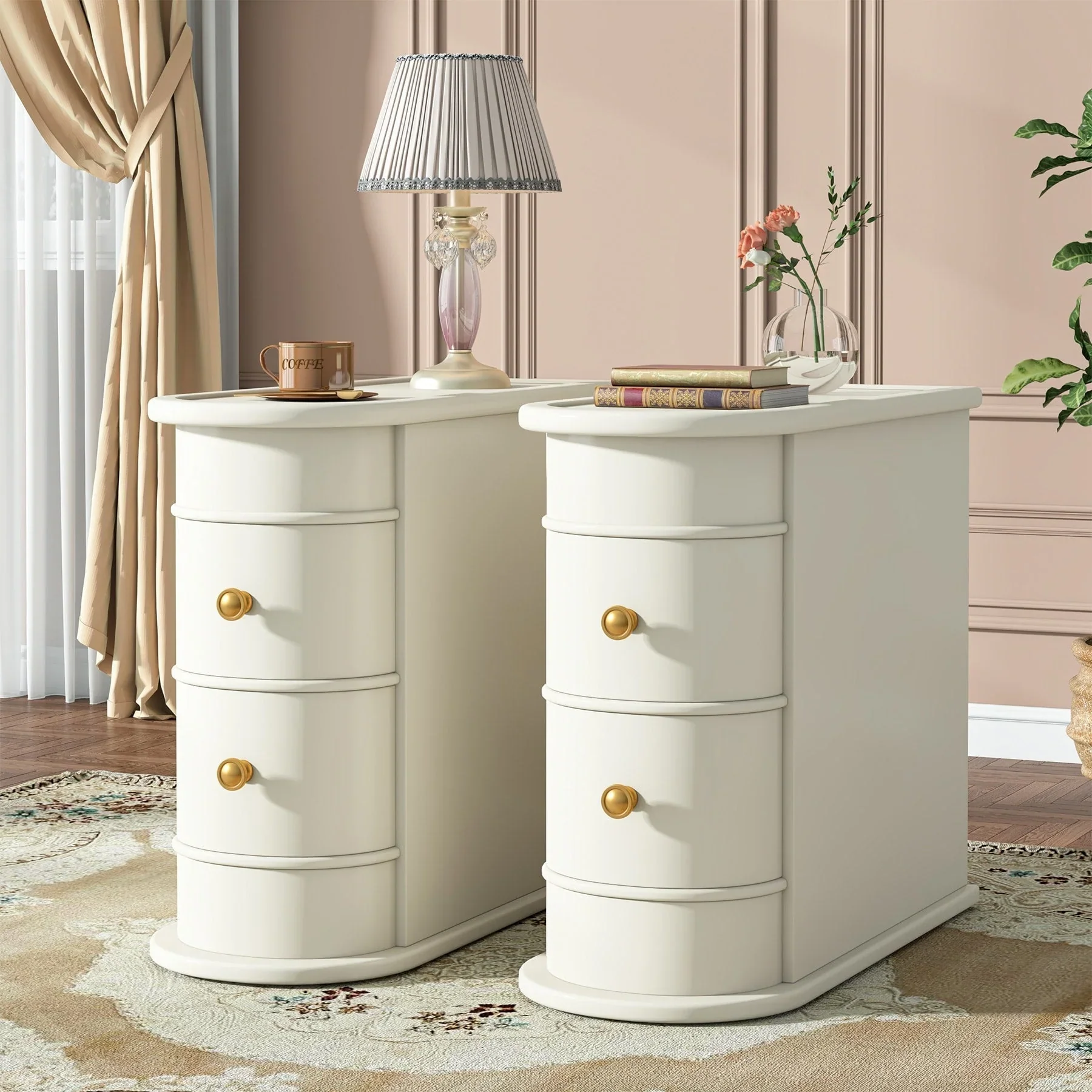 Solid Wood Chairside End Table, Two-Drawer Narrow Side Table Slim
