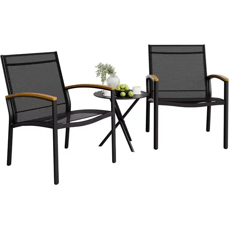 GustoWave 3-Piece Outdoor Patio Set, Breathable Textilene Chairs With Folding Side Table