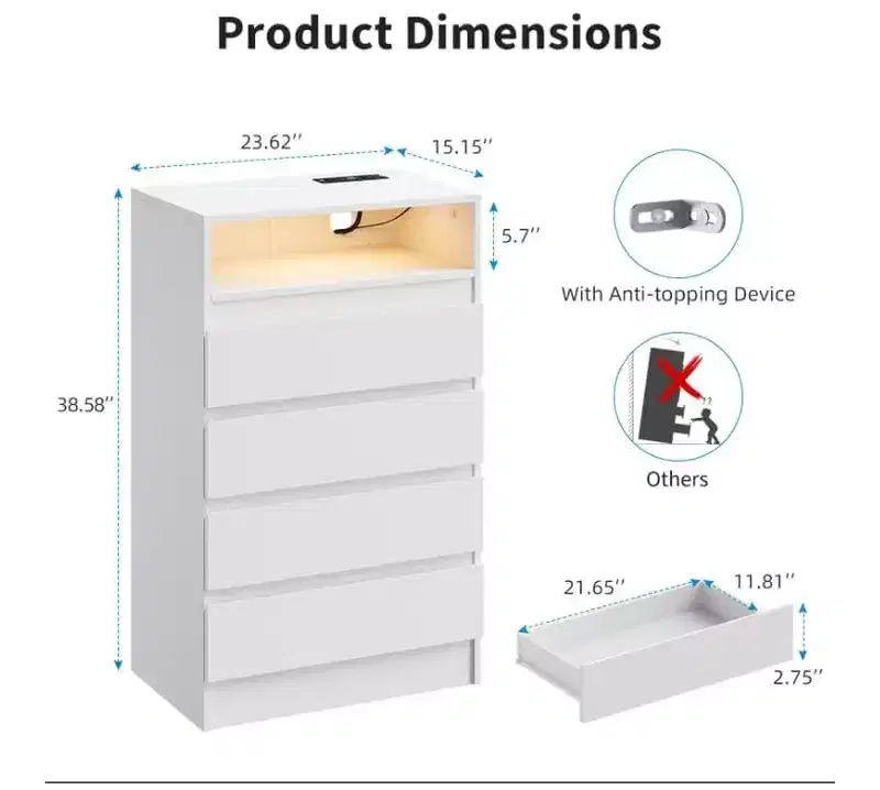 4 Drawer Dresser with Charging Station and LED Lights, Organizer Cabinet for Bedroom, Living Room, Entryway, White