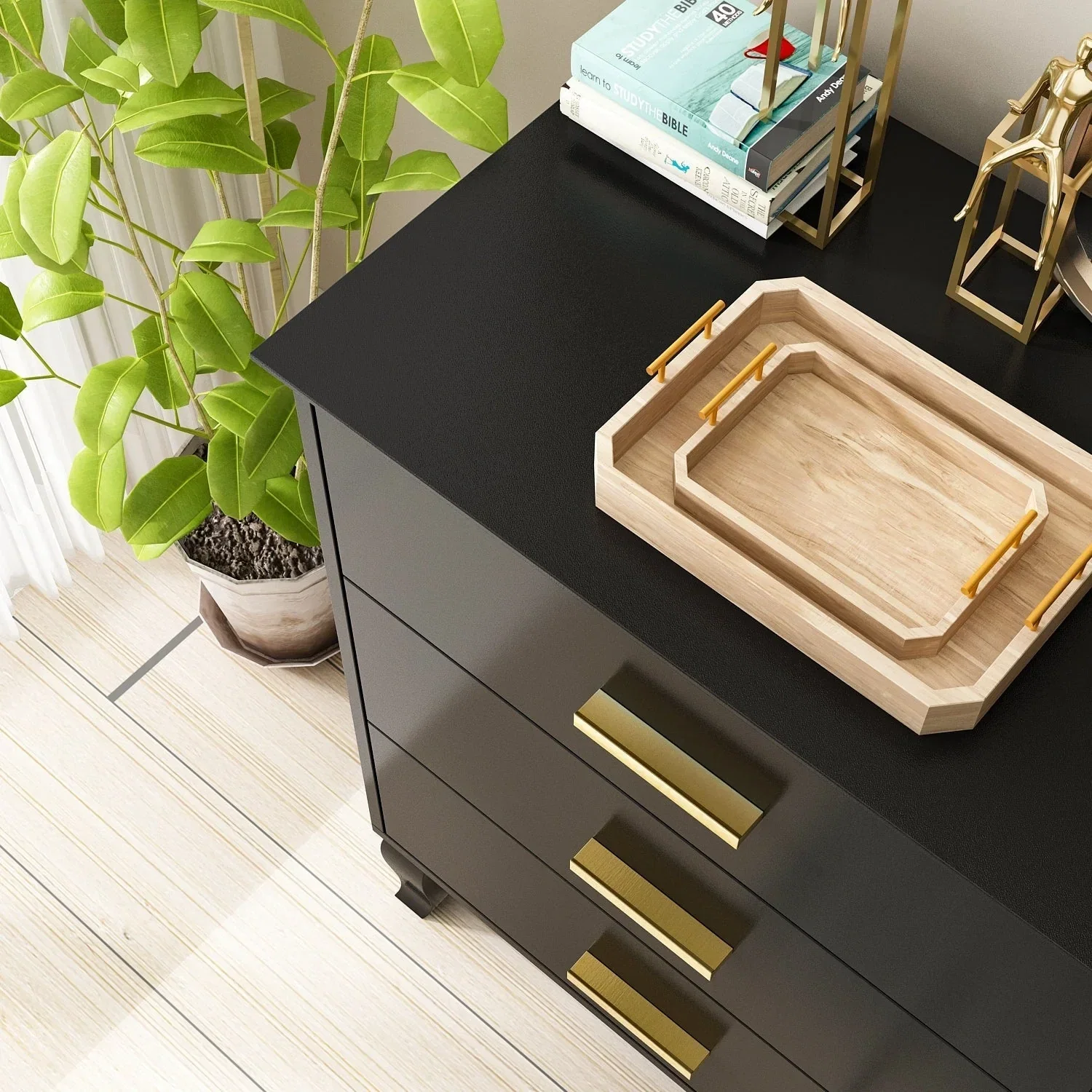 Timechee 6 Drawer 47.2W Double Dresser Solid Wood Legs Lacquer Chest