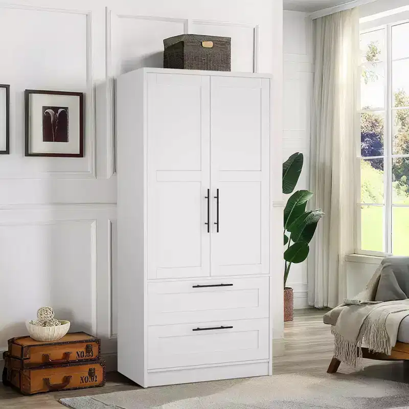 2-Door Wooden Wardrobe with 2 Drawers and Shelf for Hanging Clothes, Freestanding Bedroom Storage Cabinet for Bedroom Living Room