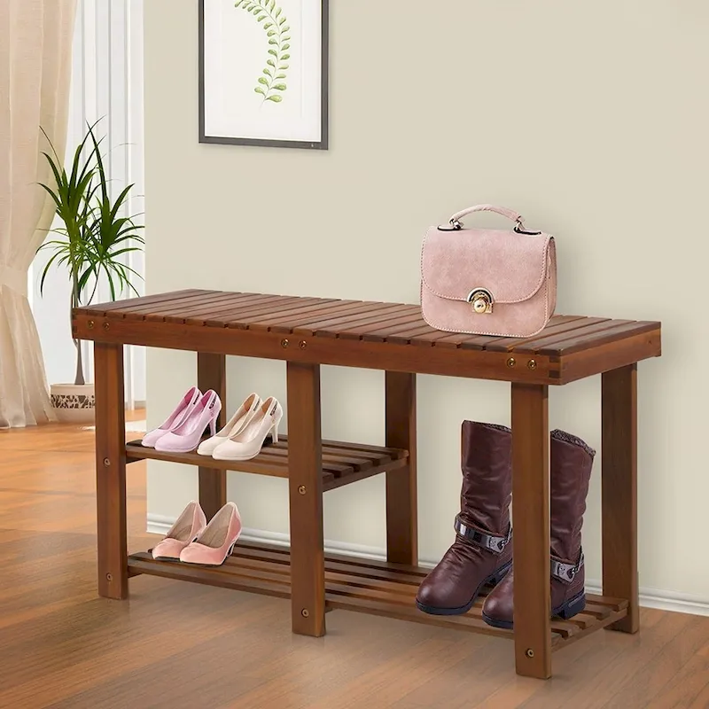 3-Tier Acacia Wood Entryway Bench with Shoe Storage – FSC Certified