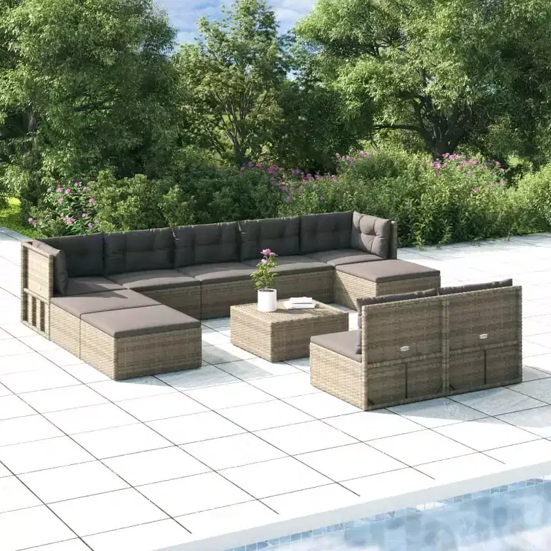 vidaXL 10-Piece Gray Patio Furniture Set  Poly Rattan Loveseat, Sofa Modules & Footstools with Cushions for Garden, Deck or Outdoor Lounge