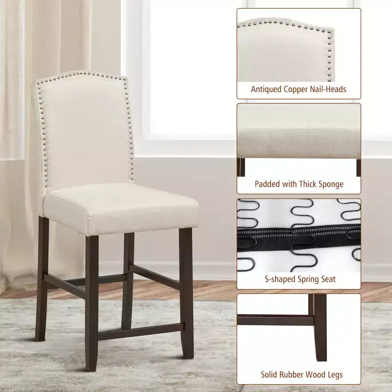 Costway Set of 2 Fabric Barstools Nail Head Trim Counter Height Dining Side Chairs Grey/Beige