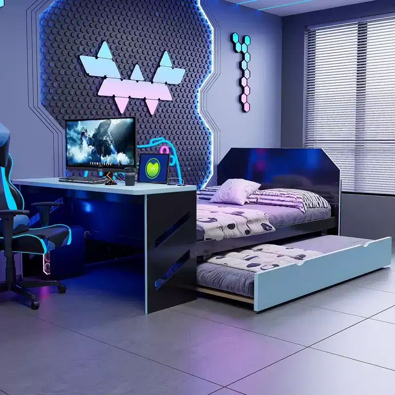 Full Size Daybed with Trundle, Gaming Bed with Desk and USB Port for Student Dorms Guest Rooms