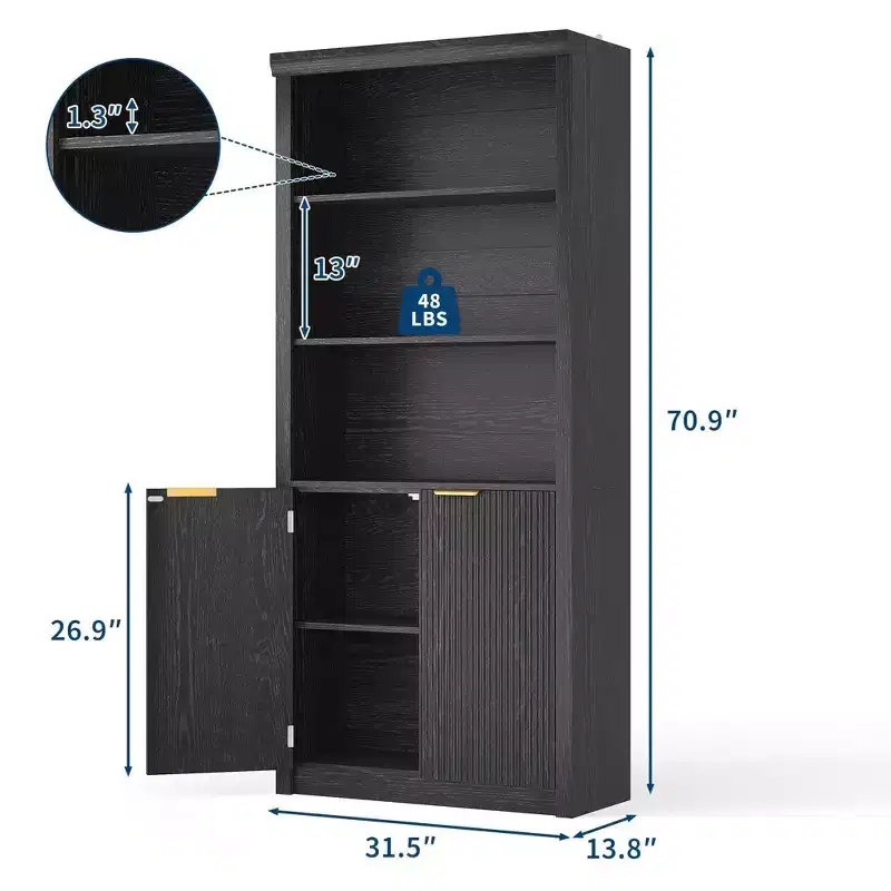 Modern Farmhouse 71 Tall Bookcase with Drawer & Doors, 5-Tier Freestanding Storage Cabinet and Display Shelf for Home Office or Living Room