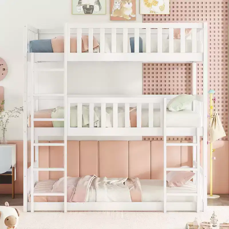 Twin Size Triple Rubber Wood Bunk Bed with Ladders Guardrails Detachable Bunk Bed for Bedroom White