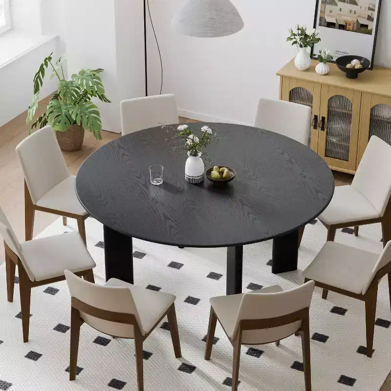 59 in Modern Round Dining Table for 6-8, Dense Wood Tabletop & Stable Base, Black