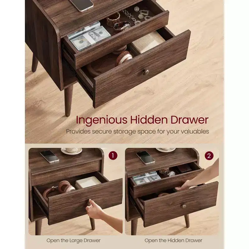 Nightstands, Set of 2, Bedside Tables with Hidden Drawers, Mid-Century End Tables with Solid Wood Legs